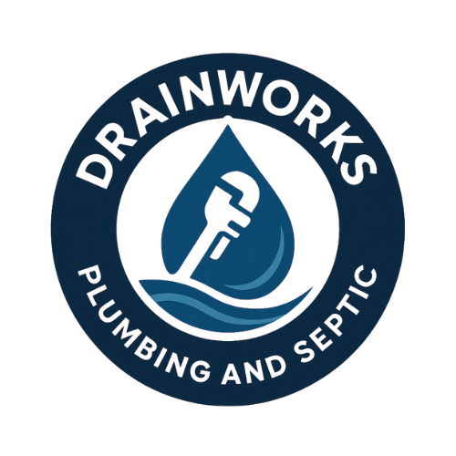 Drainworks Plumbing and Septic logo with water drop and wrench