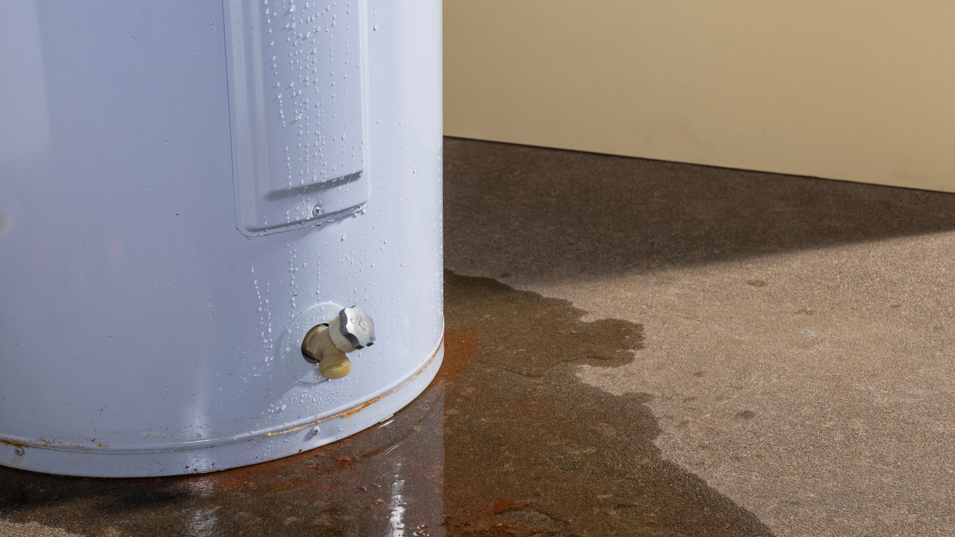 Water heater leaking with condensation and puddle on floor