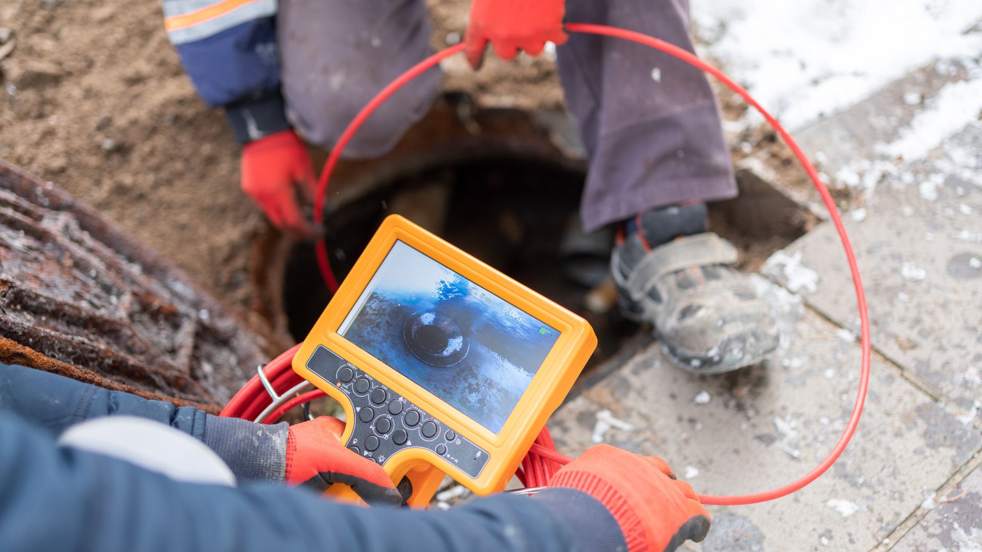 Technician using handheld camera to inspect underground pipe or drainage system