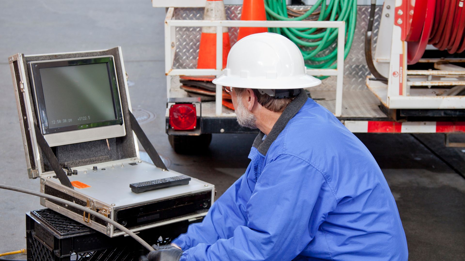 Worker in hard hat using rugged computer near industrial equipment