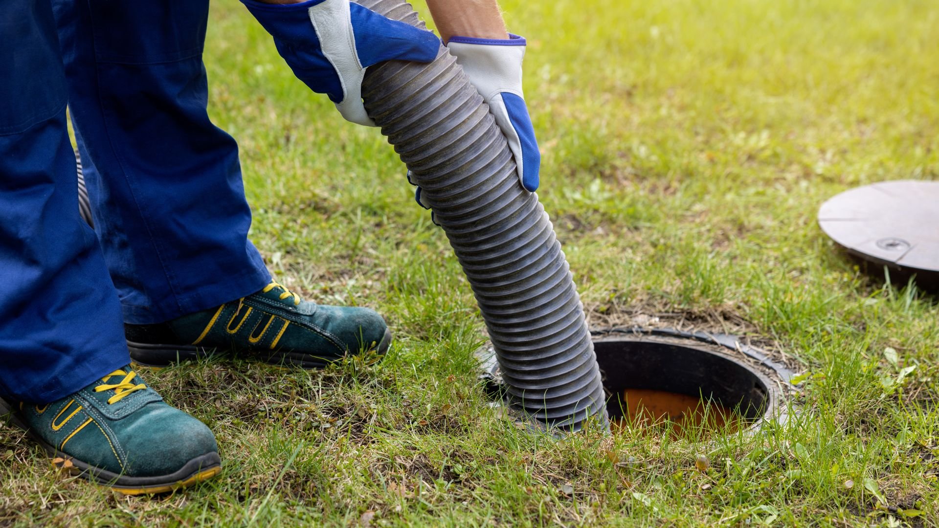Worker uses flexible pipe near manhole cover on grassy ground